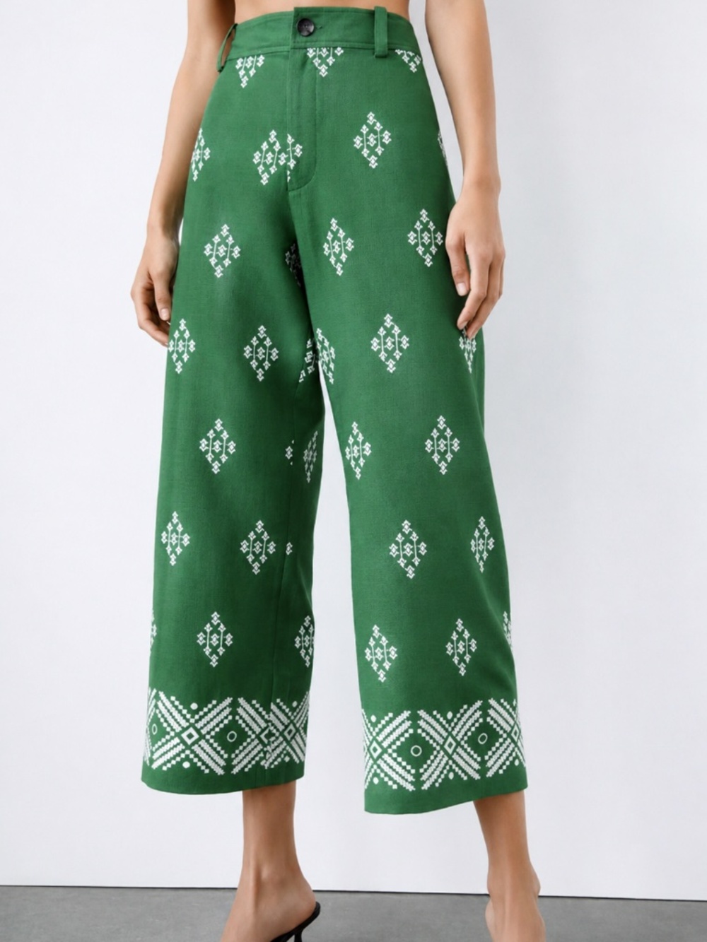 Zara Green Embroidered Linen Blend Wide Leg Culotte Pants XXL Boho Resort